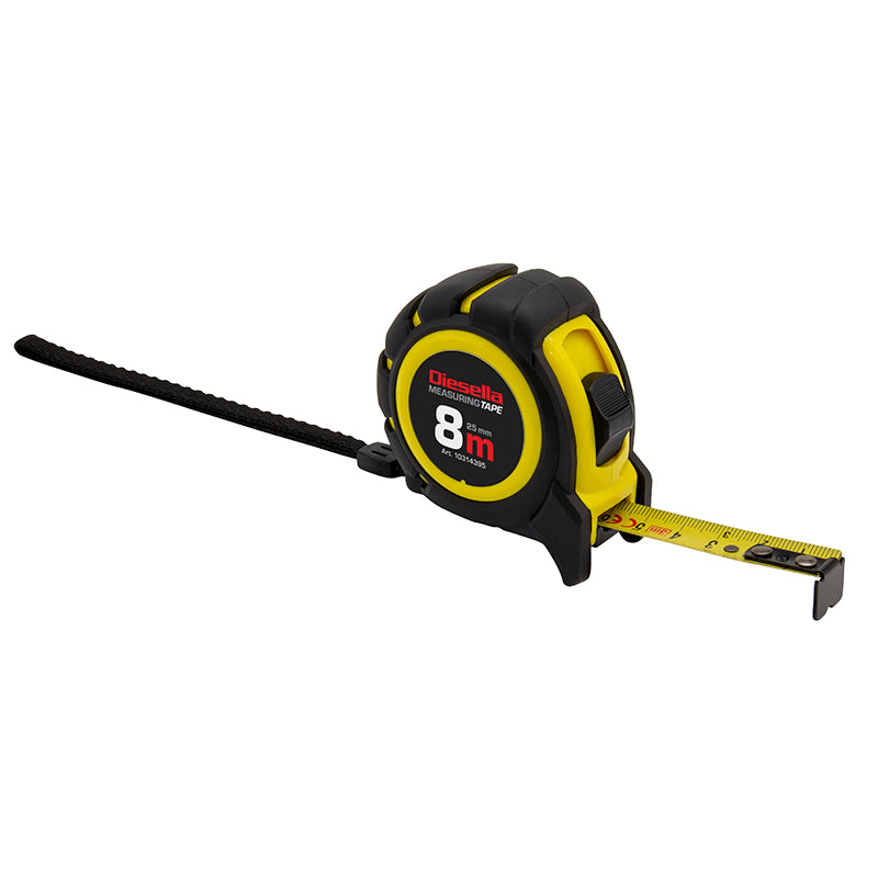Båndmål 8 m × 25 mm gummibelagt ABS-hus med Power-lås