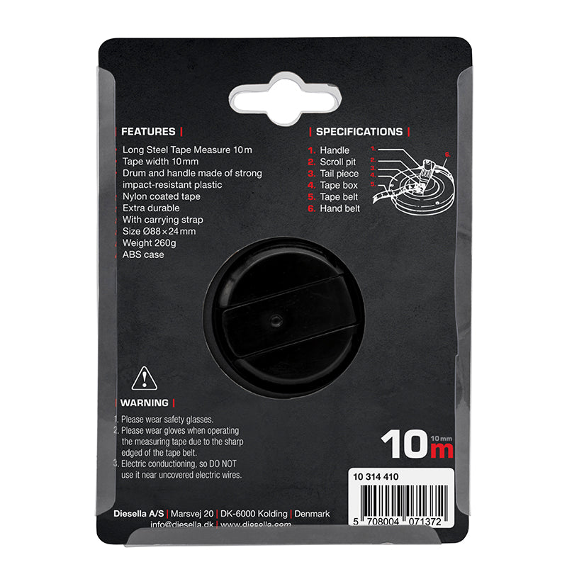 Båndmål 10 m × 10 mm stålbånd i lukket spolekassette