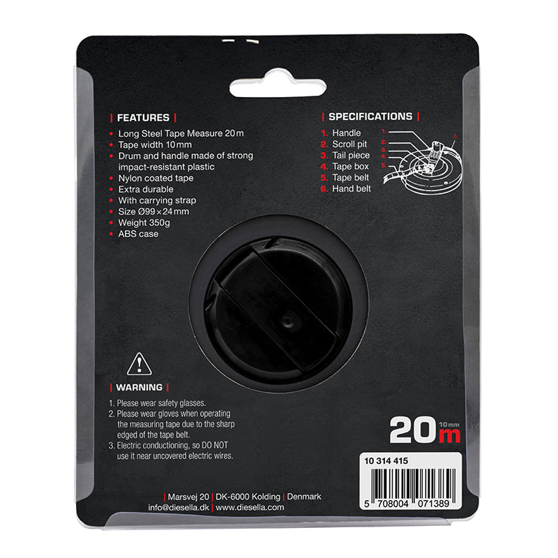 Båndmål 20 m × 10 mm stålbånd i lukket spolekassette