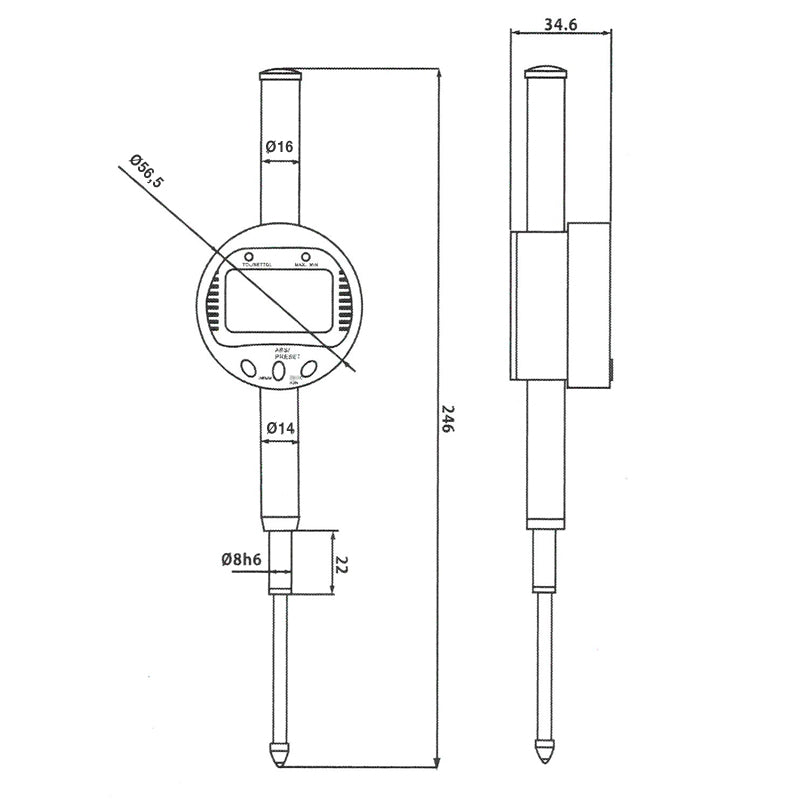Digitalt måleur 0–50 × 0,01 mm med ABS/TOL/Min/Max funktion