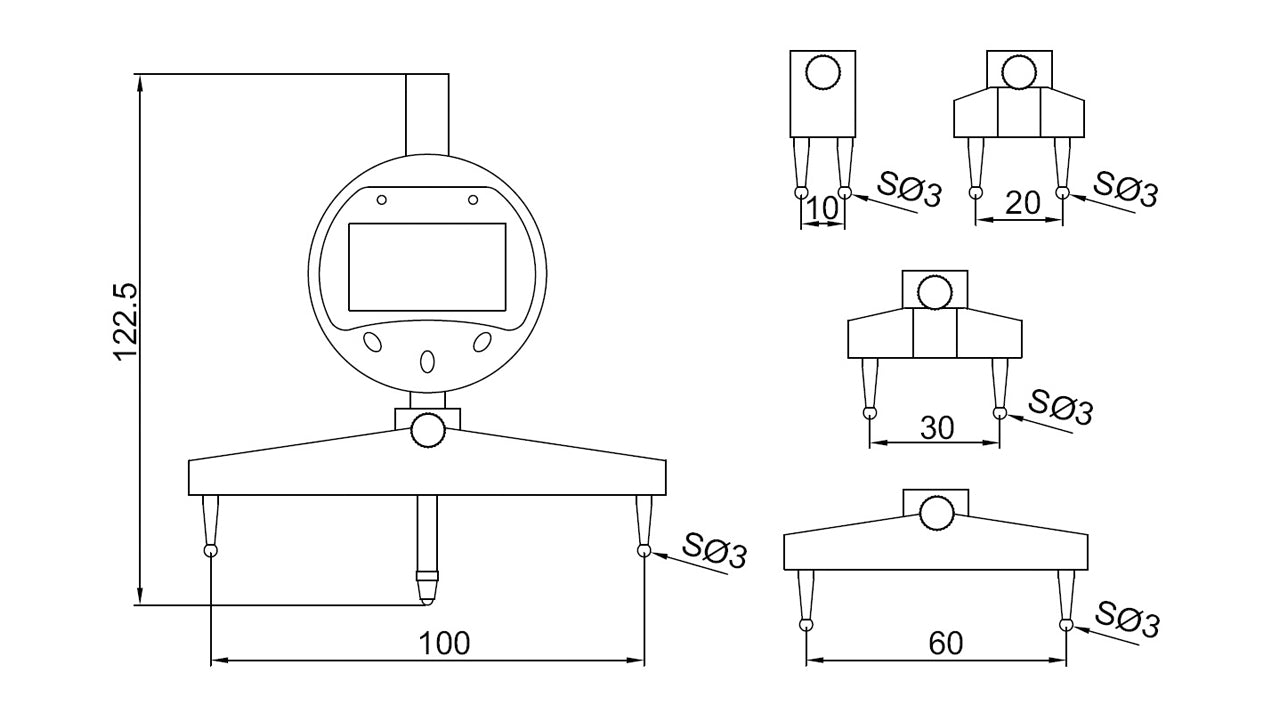 Digital radius måler 5–700 × 0,01 mm for ind- og udvendig måling