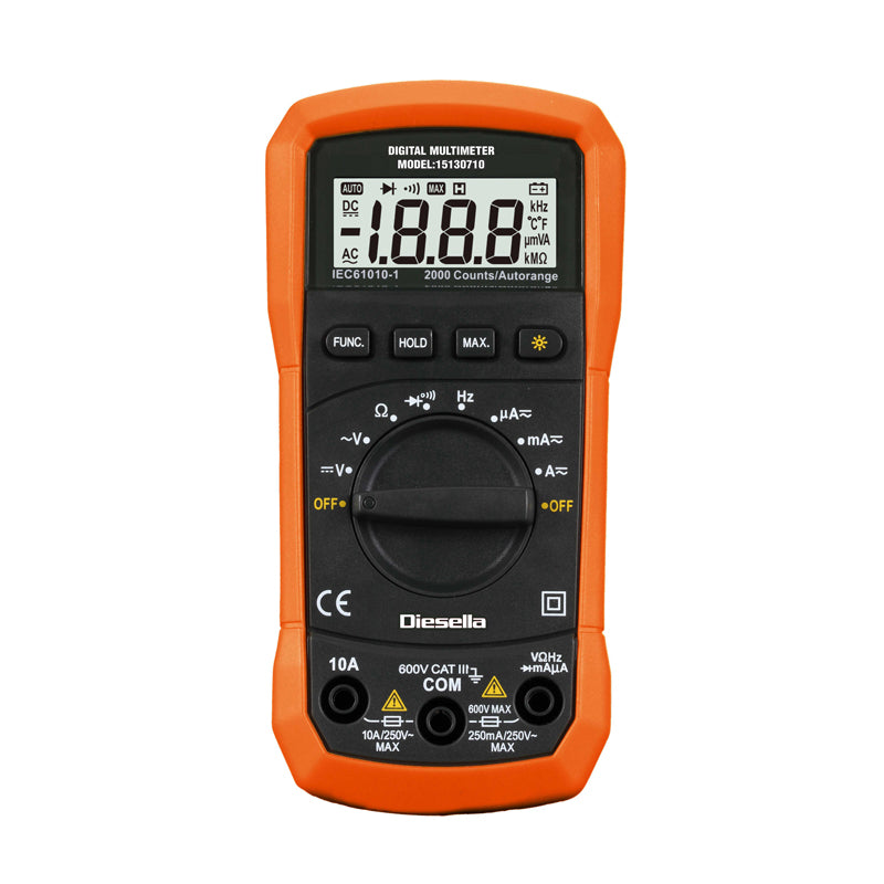 Digitalt multimeter AC/DC 600 V/10 A med gummikappe