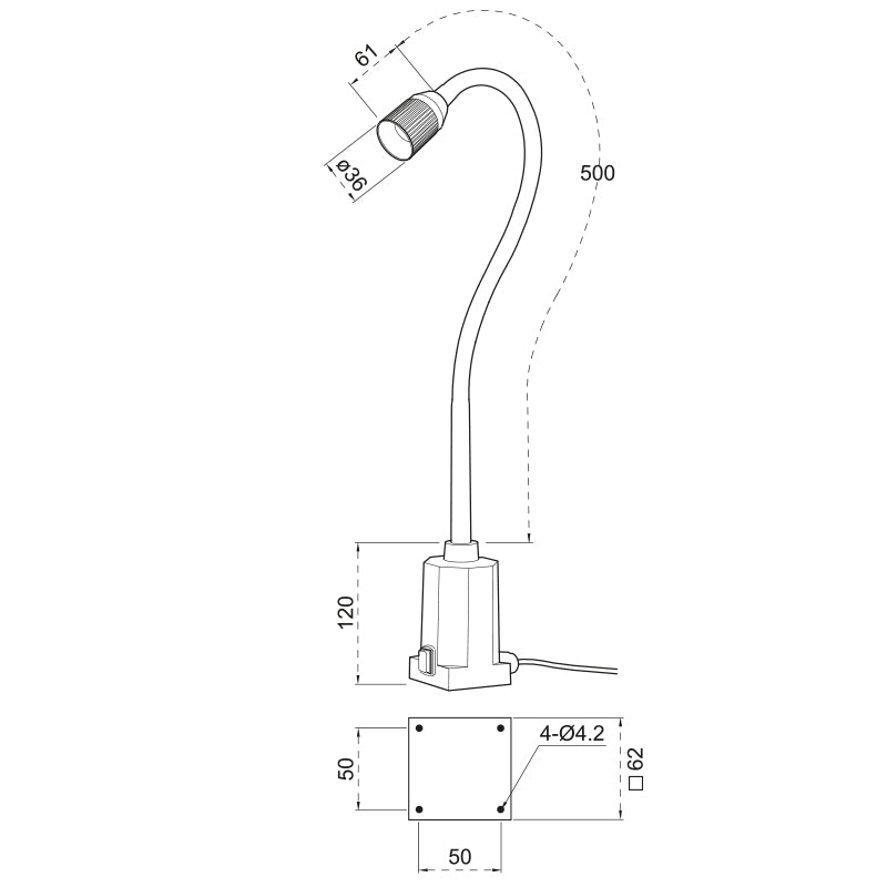 LED-maskinlys "ECHO" med 500 mm flex-arm AC+DC 24 V