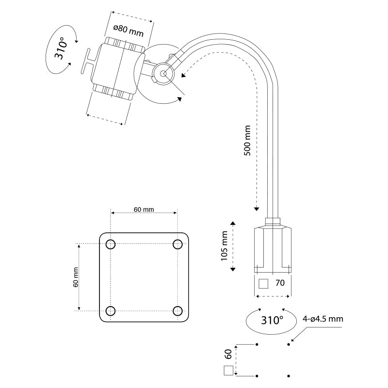 LED-maskinlys "HELA" med 500 mm flex-arm AC+DC 24 V