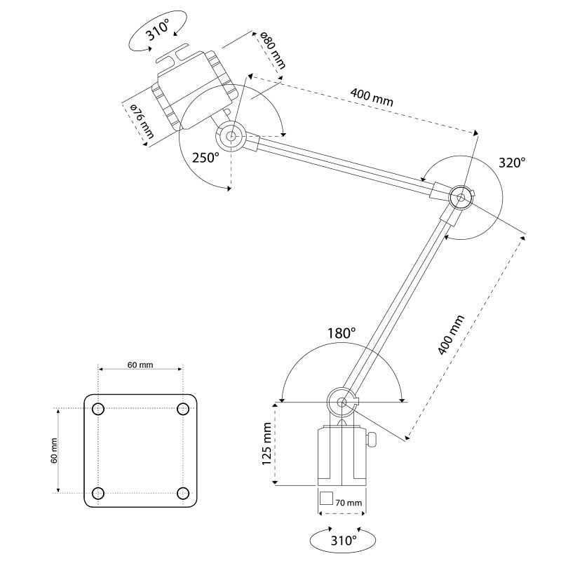 LED-maskinlys "VELA" med 400+400 mm arm AC+DC 24 V