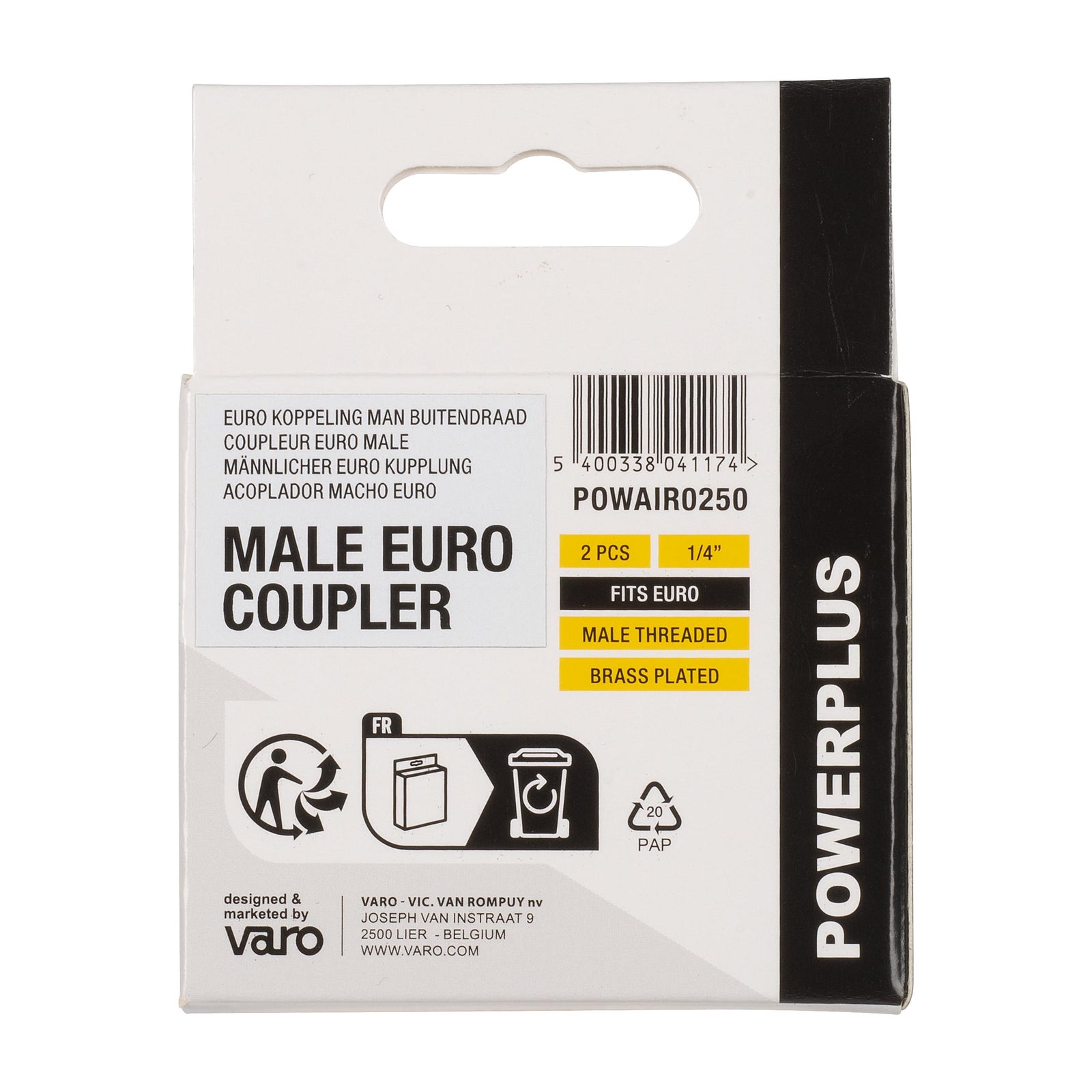 Han-nippel (Euro) 1/4" med udvendigt gevind – 2 stk.