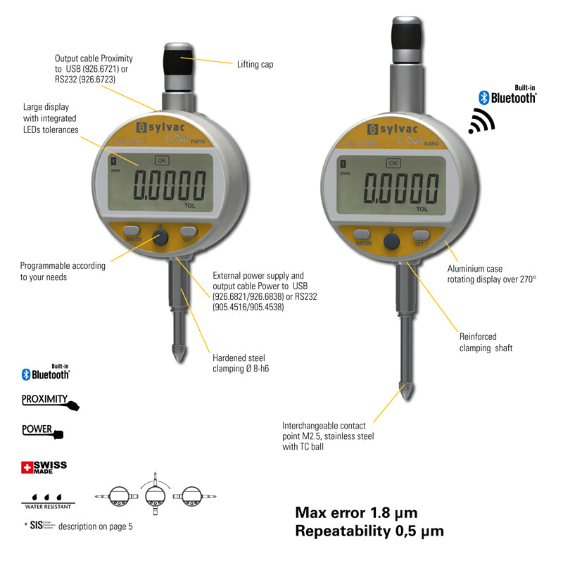 Digitalt måleur S_Dial WORK NANO 12,5 × 0,0001 mm IP54 Bluetooth