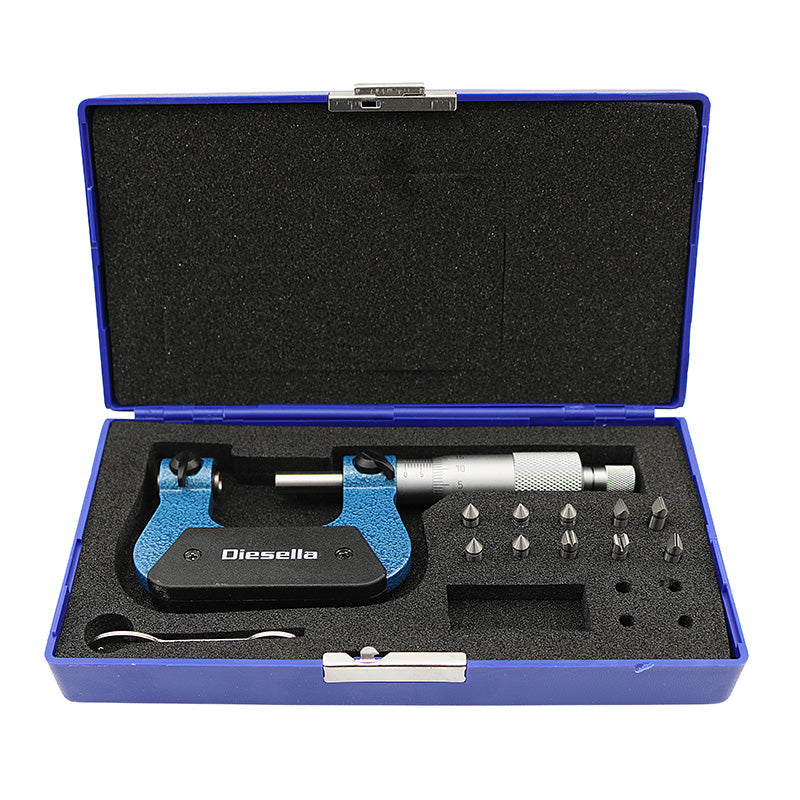 Gevindmikrometer 0–25 × 0,01 mm inkl. 60° V- og kegleformede indsatser