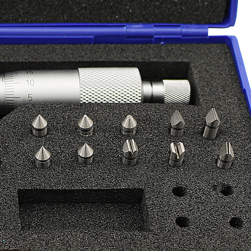 Gevindmikrometer 0–25 × 0,01 mm inkl. 60° V- og kegleformede indsatser