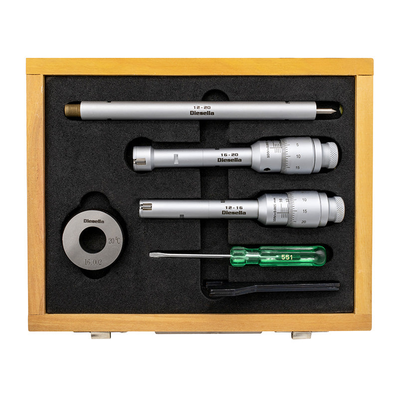 Indvendig 3-punkt mikrometer 12–20 mm (inkl. kontrolringe og forlænger)