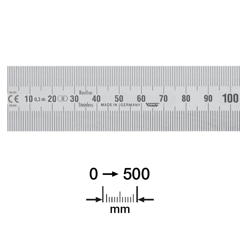 Stållineal 500 × 30 × 1,0 mm med aflæsning venstre-mod-højre