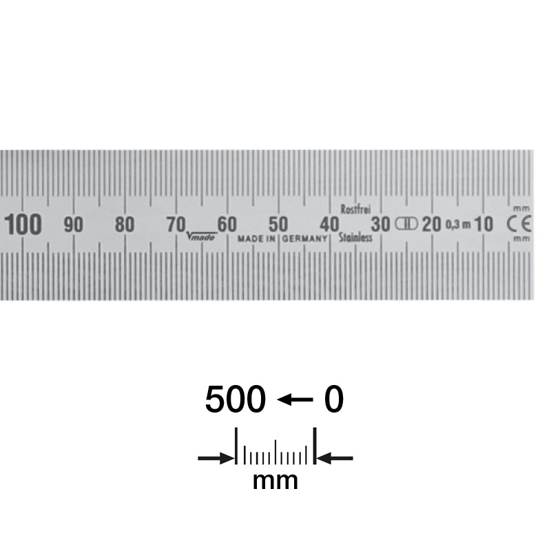 Stållineal 500 × 30 × 1,0 mm med aflæsning højre-mod-venstre