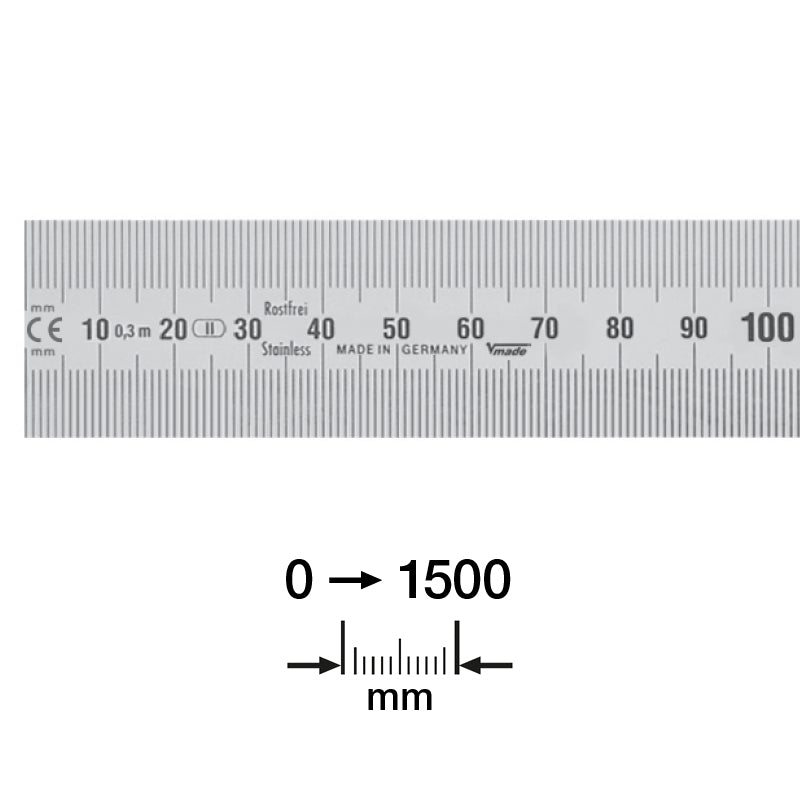 Stållineal 1500 × 30 × 1,0 mm med aflæsning venstre-mod-højre