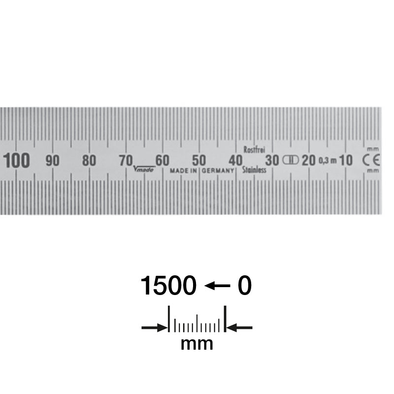 Stållineal 1500 × 30 × 1,0 mm med aflæsning højre-mod-venstre