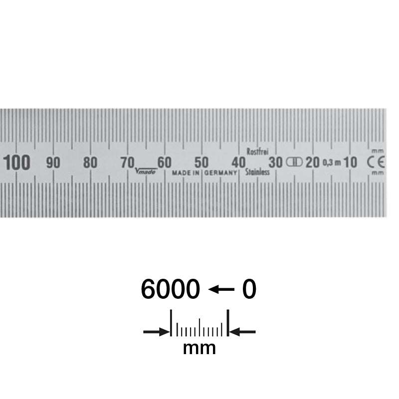 Stållineal 6000 × 30 × 1,0 mm med aflæsning højre-mod-venstre