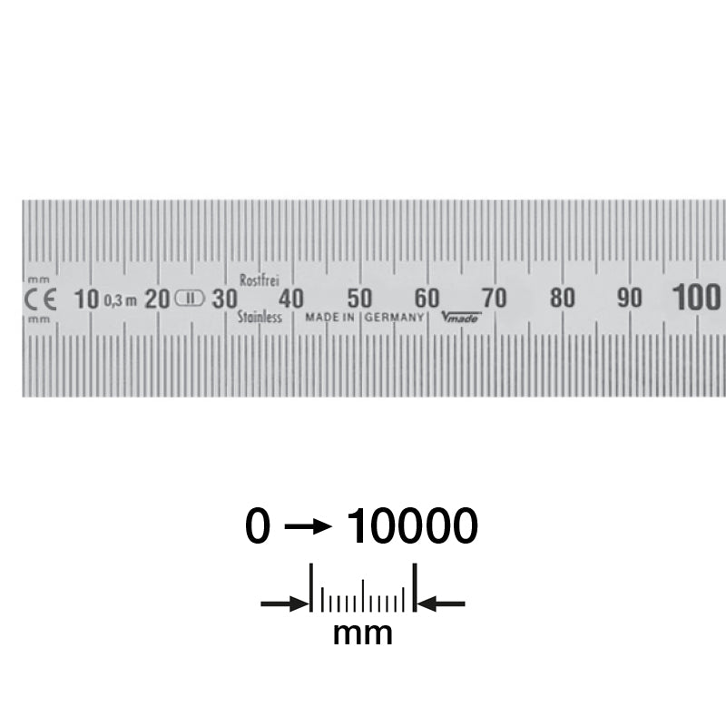 Stållineal 10000 × 30 × 1,0 mm med aflæsning venstre-mod-højre