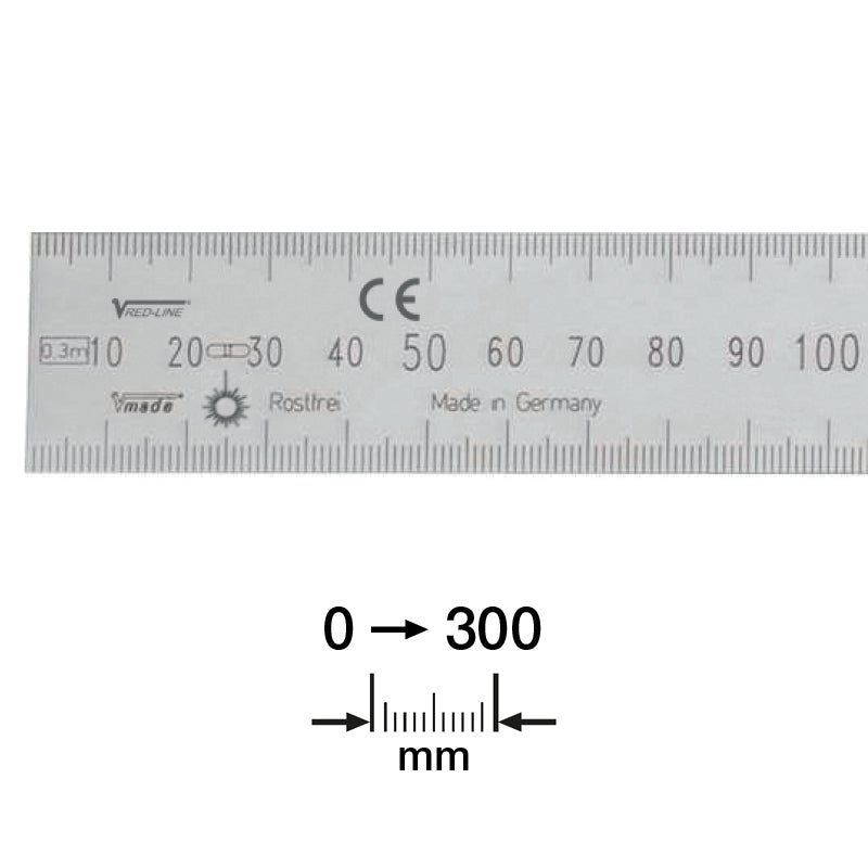 Stållineal 300 × 30 × 1,0 mm rustfri og lasergraveret mm/mm skala med ID-nr. (EC I)