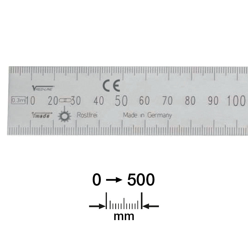 Stållineal 500 × 30 × 1,0 mm rustfri og lasergraveret mm/mm skala med ID-nr. (EC I)