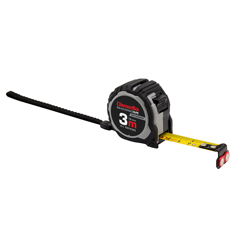 Båndmål 3 m × 16 mm Compact gummibelagt ABS-hus med autolås og magnet (MID klasse II)