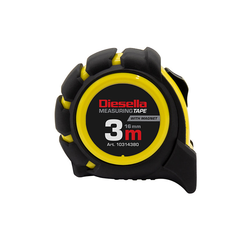 Båndmål 3 m × 16 mm gummibelagt ABS-hus med Power-lås og magnet