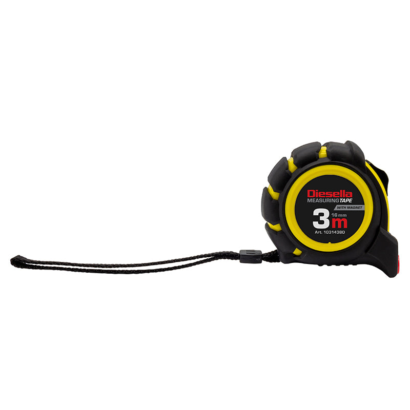 Båndmål 3 m × 16 mm gummibelagt ABS-hus med Power-lås og magnet