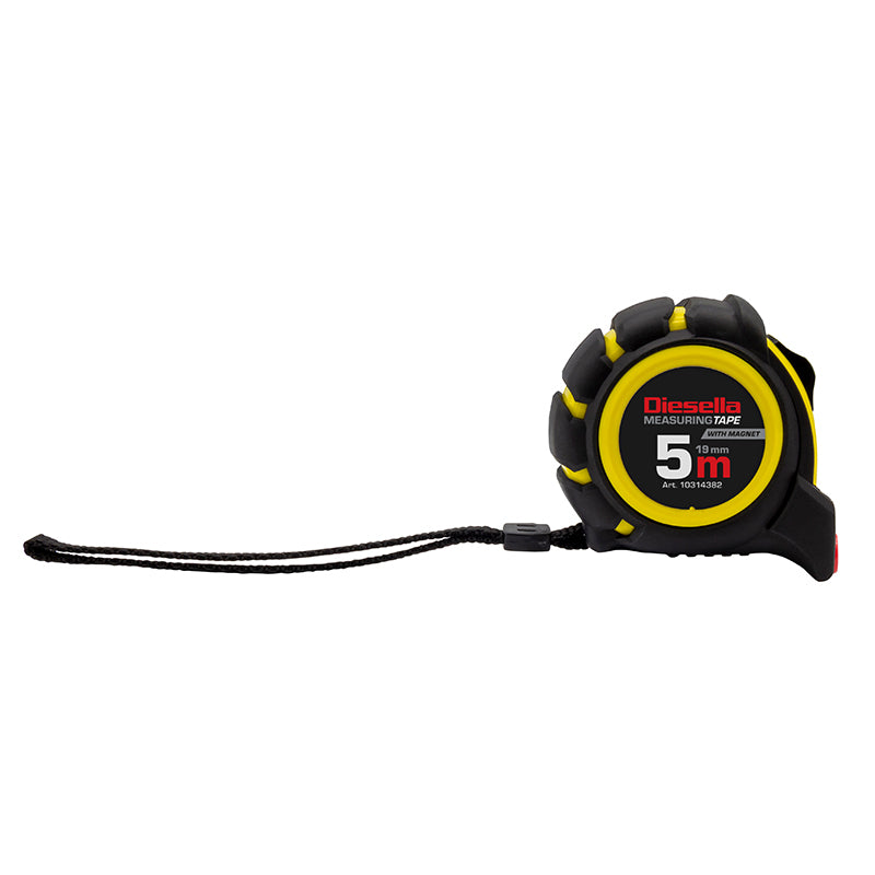 Båndmål 5 m × 19 mm gummibelagt ABS-hus med Power-lås