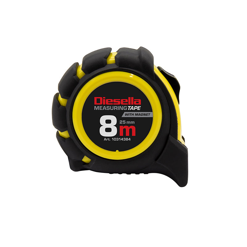 Båndmål 8 m × 25 mm gummibelagt ABS-hus med Power-lås og magnet