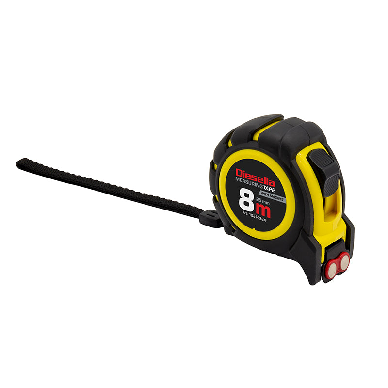 Båndmål 8 m × 25 mm gummibelagt ABS-hus med Power-lås og magnet