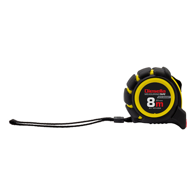 Båndmål 8 m × 25 mm gummibelagt ABS-hus med Power-lås og magnet
