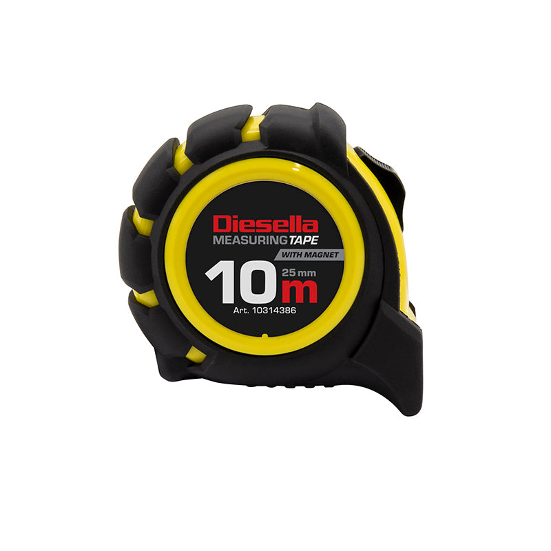 Båndmål 10 m × 25 mm gummibelagt ABS-hus med Power-lås