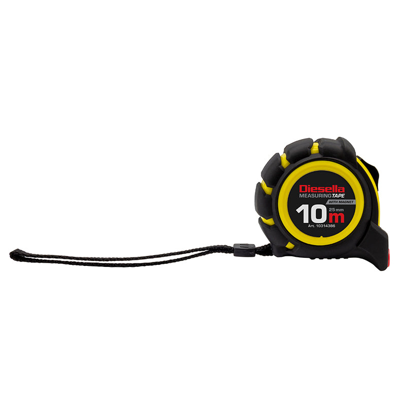 Båndmål 10 m × 25 mm gummibelagt ABS-hus med Power-lås