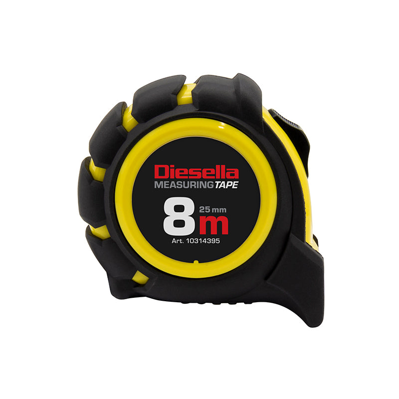 Båndmål 8 m × 25 mm gummibelagt ABS-hus med Power-lås