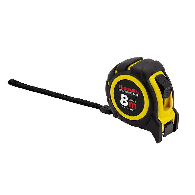 Båndmål 8 m × 25 mm gummibelagt ABS-hus med Power-lås