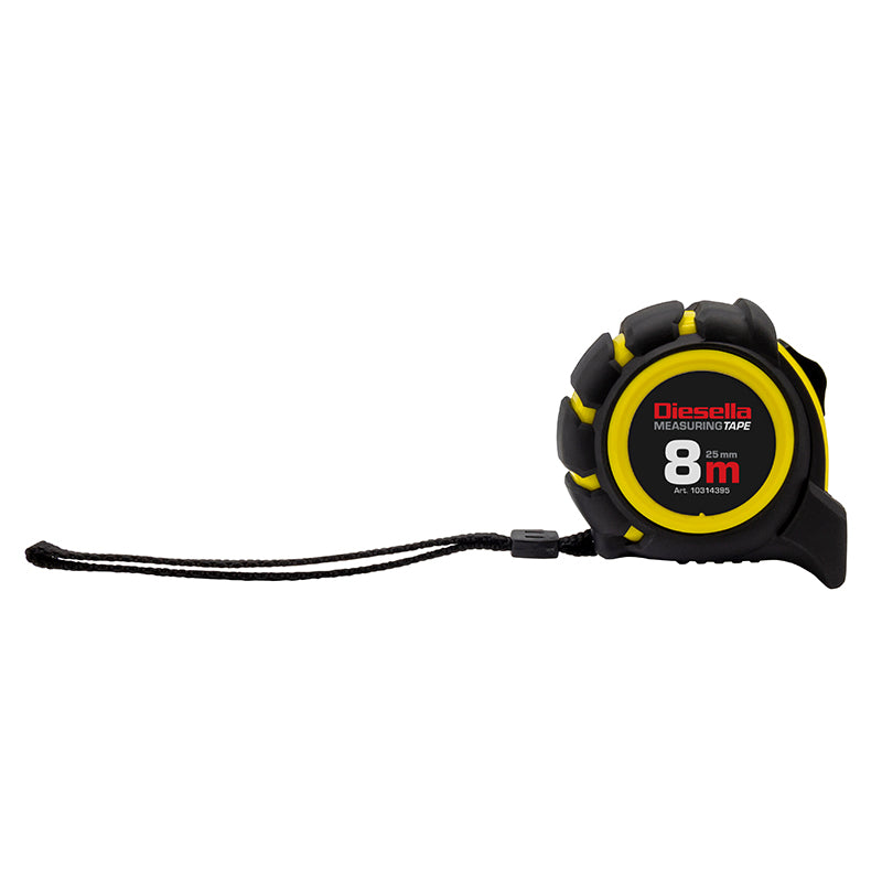 Båndmål 8 m × 25 mm gummibelagt ABS-hus med Power-lås