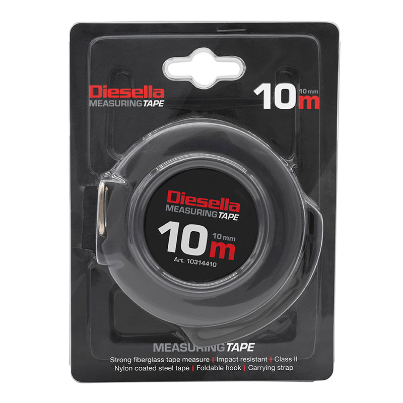 Båndmål 10 m × 10 mm stålbånd i lukket spolekassette