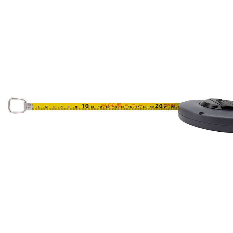 Båndmål 20 m × 10 mm stålbånd i lukket spolekassette