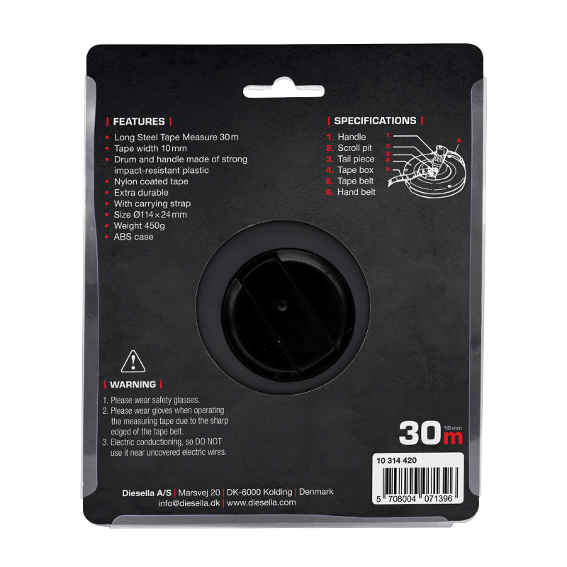 Båndmål 30 m × 10 mm stålbåndmål i lukket spolekassette