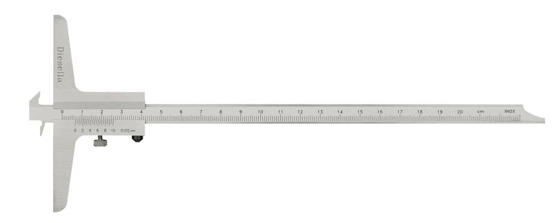 Dybdeskydelære 0–200 mm × 0,05 med dobbelt hage (100 mm målebro)