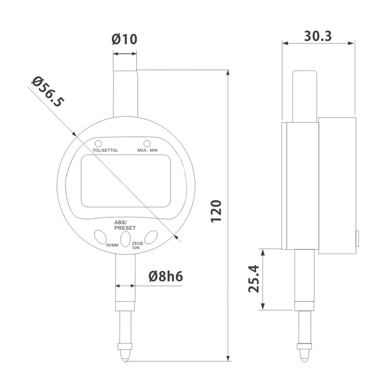 Digitalt måleur 0–25,4 × 0,01 mm med ABS/TOL/Min/Max funktion