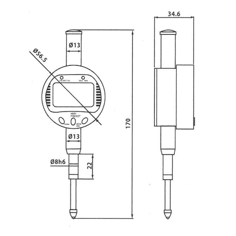 Digitalt måleur 0–25,4 × 0,01 mm med ABS/TOL/Min/Max funktion