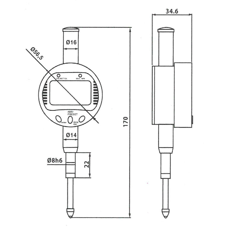 Digitalt måleur 0–25,4 × 0,01 mm med ABS/TOL/Min/Max funktion