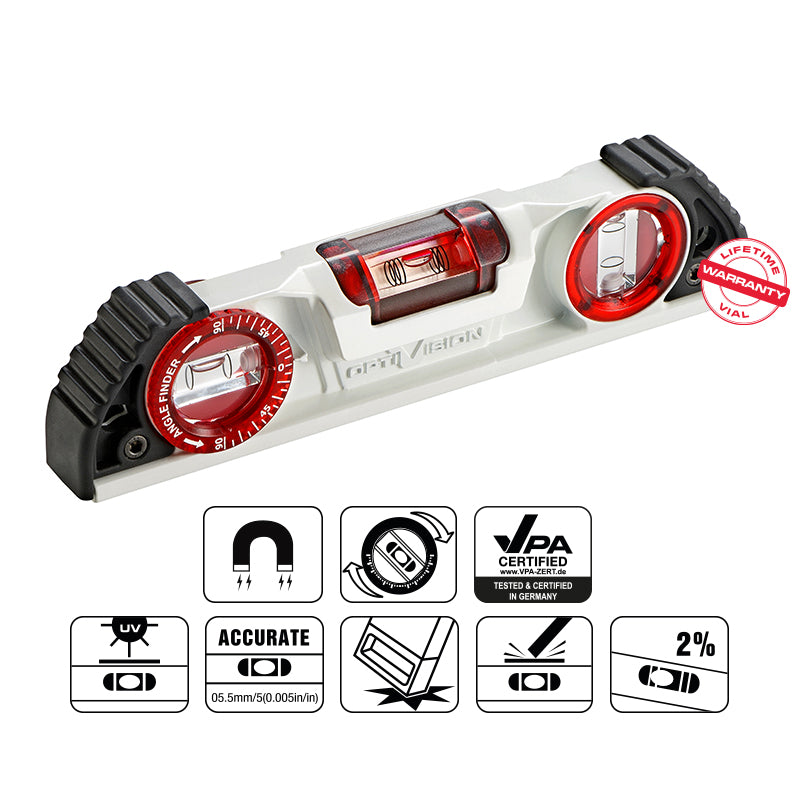 Torpedovaterpas 25 cm i støbt aluminium med OPTIVISION og magnet