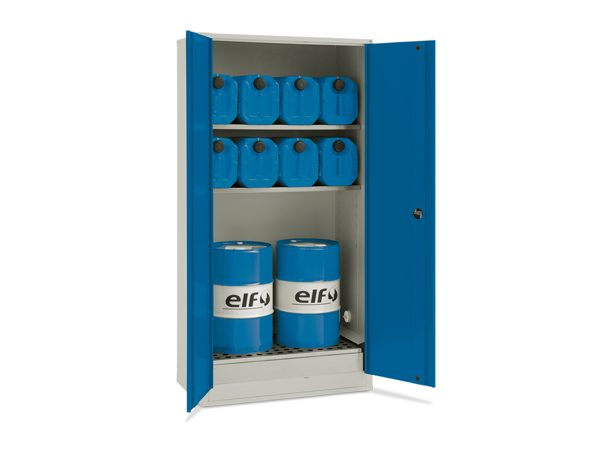 Olieskab med 2 hylder og 60 l opsamlingsbakke, H 2030 mm