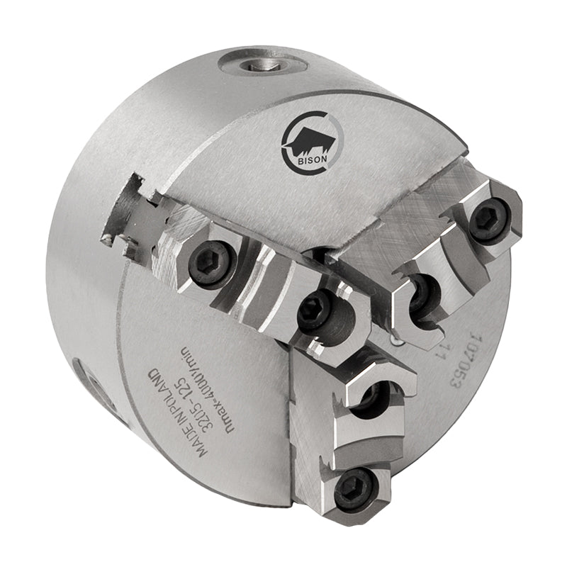 3-bakket centrerpatron Ø160 mm, støbejern, DIN 6350, bagmontering (cylindrisk holder) (3205–160)