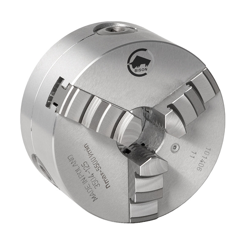 3-bakket centrerpatron Ø125 mm, stål, DIN 6350, bagmontering (cylindrisk holder) (3504–125)