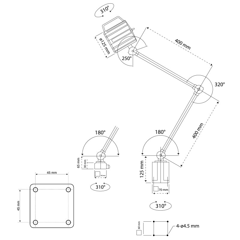 LED-maskinlys "HYDRA X" med 400 × 400 mm arm AC 100 V-240 V