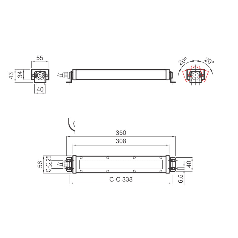 LED-maskinlys "VEGA" 350 mm flad form DC 24 V