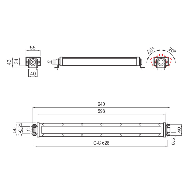 LED-maskinlys "VEGA" 640 mm flad form DC 24 V