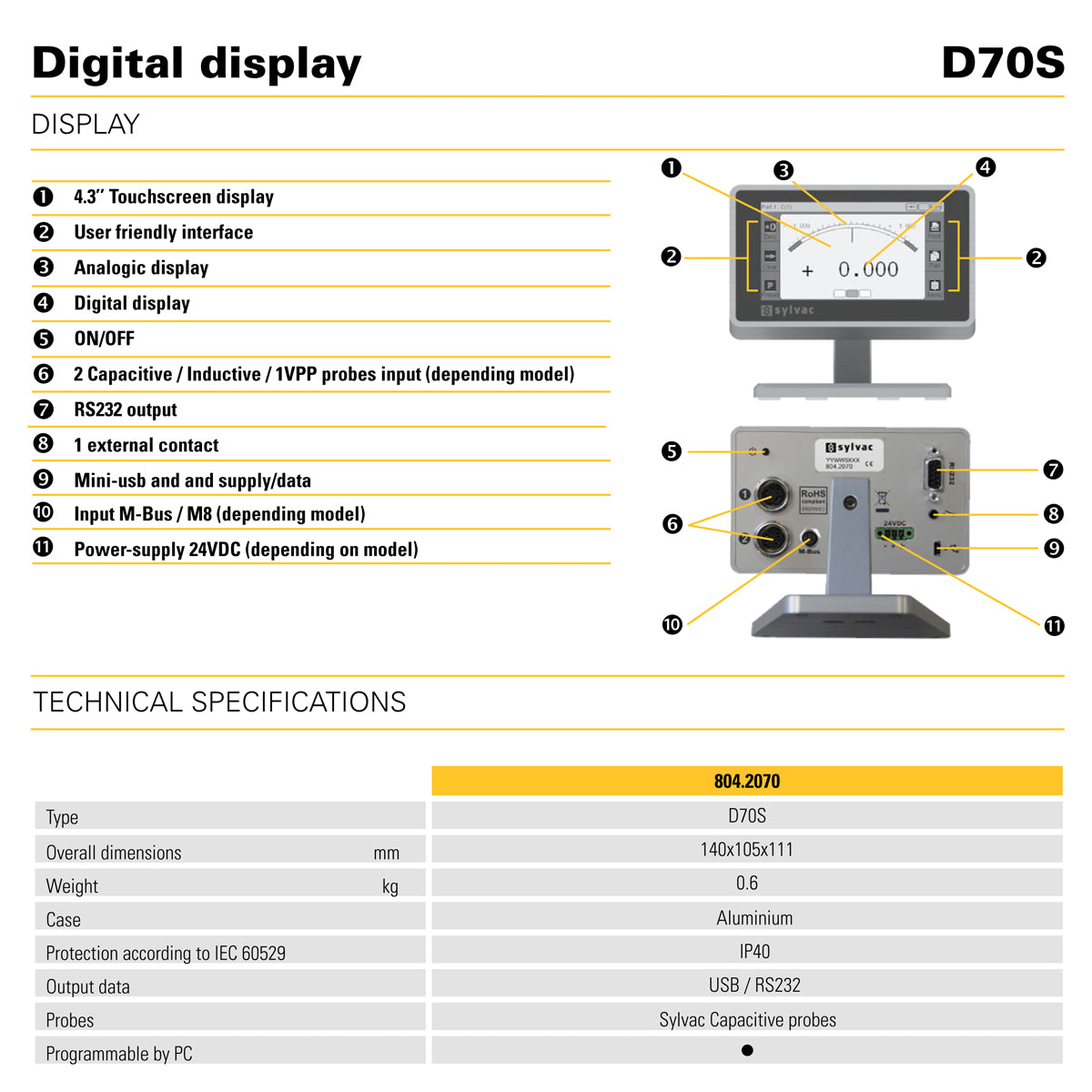 Digitalt display D70S med 2 kapacitive probeindgange
