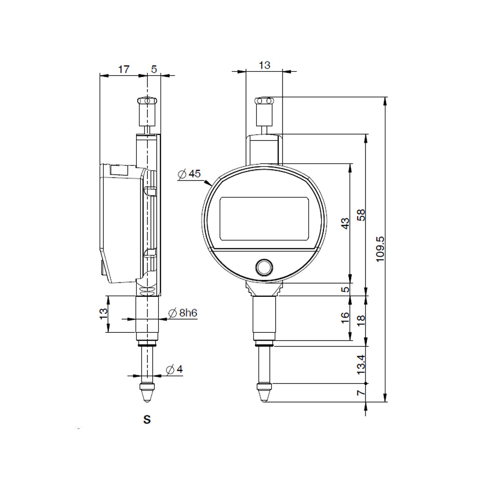 Digitalt måleur S_DIAL MINI BASIC 12,5 × 0,01 mm IP54 standard uden Bluetooth